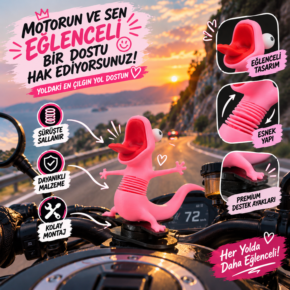 Tom the Lizard Kertenkele Tom Motosiklet Süsü, Motor Üstü Aksesuar, Hoppers Hoplayanlar Viral Lizard Meme Dekoratif Figür Oyuncak