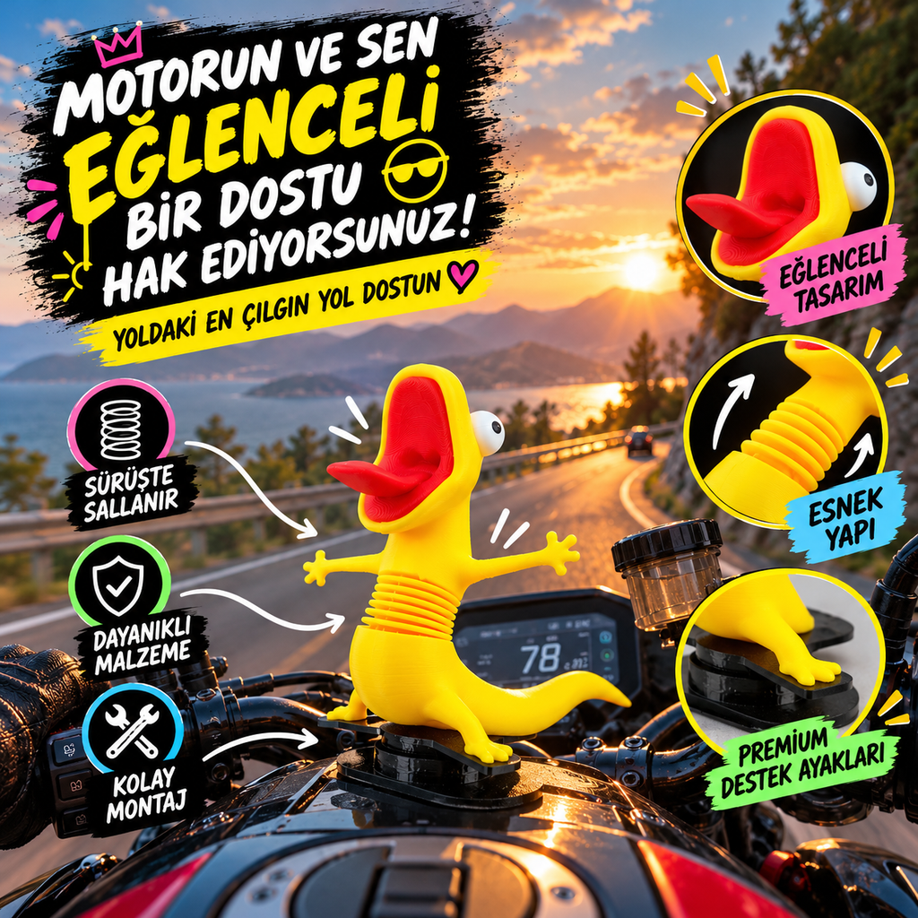 Tom the Lizard Kertenkele Tom Motosiklet Süsü, Motor Üstü Aksesuar, Hoppers Hoplayanlar Viral Lizard Meme Dekoratif Figür Oyuncak