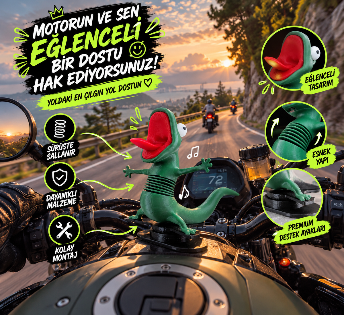 Tom the Lizard Kertenkele Tom Motosiklet Süsü, Motor Üstü Aksesuar, Hoppers Hoplayanlar Viral Lizard Meme Dekoratif Figür Oyuncak